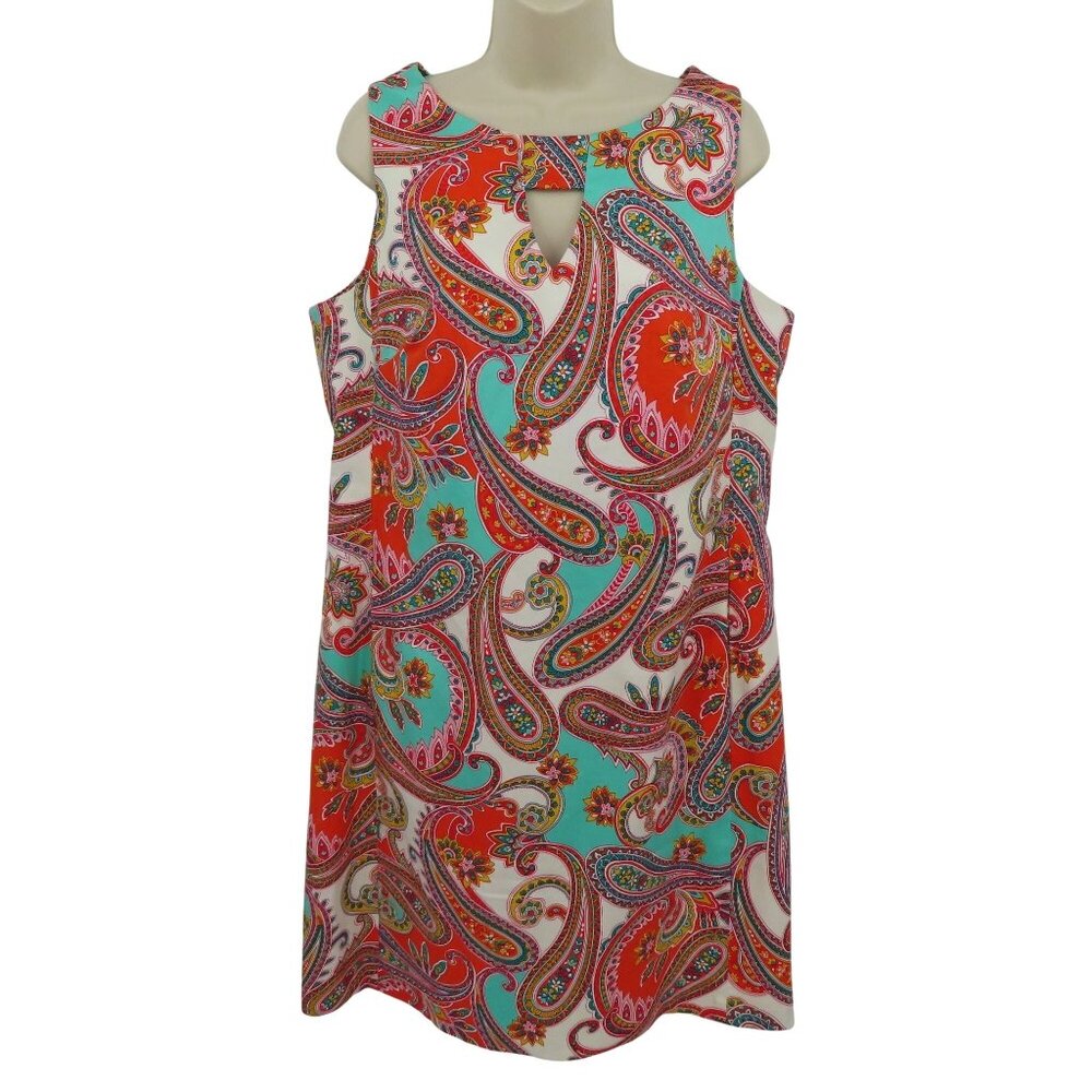 Anne Klein Women 12 Orange Aqua Floral Paisley Scroll Sheath Dress Sleeveless
